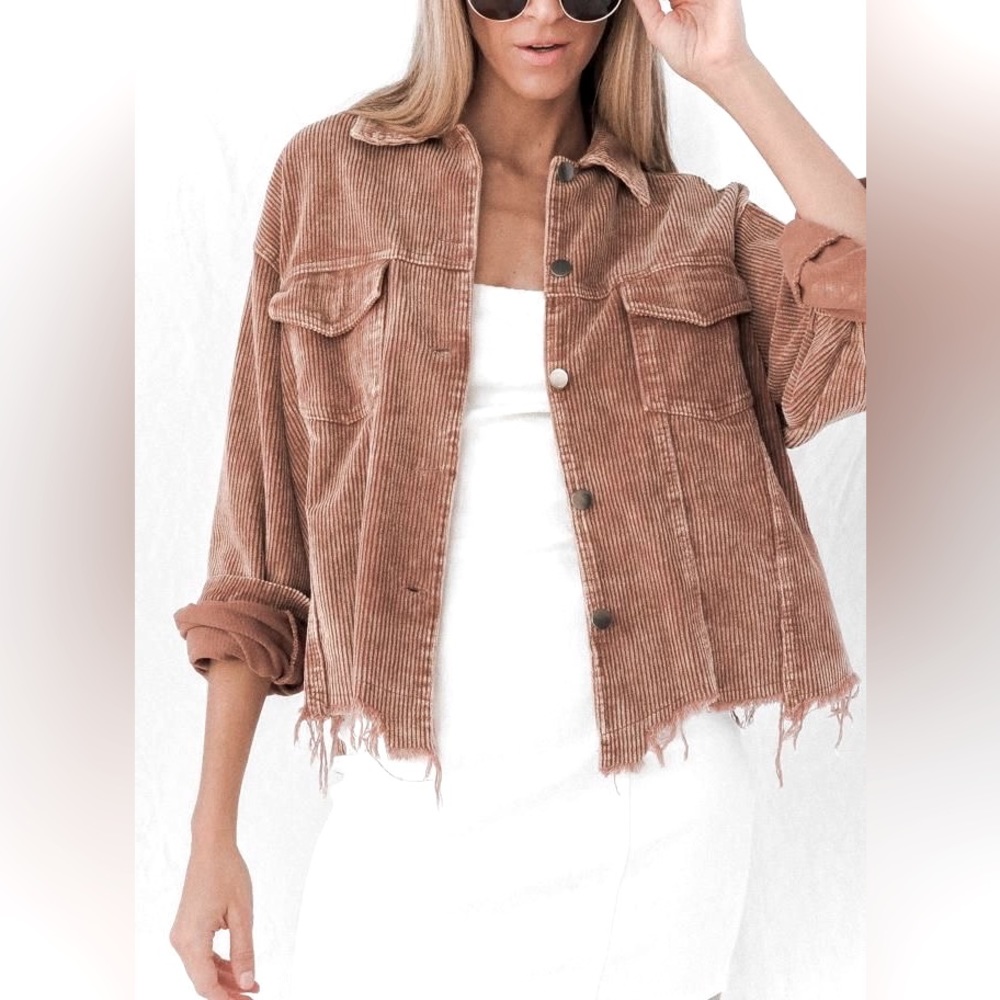 Tan Cropped Corduroy Jacket in Camel - Collared Coat w Distressed Hemline -